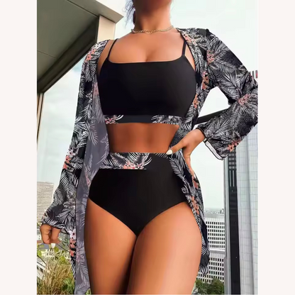 Women's Three-Piece High-Waisted Swimsuit with Long-Sleeve Blouse – Boho Chic Floral Style