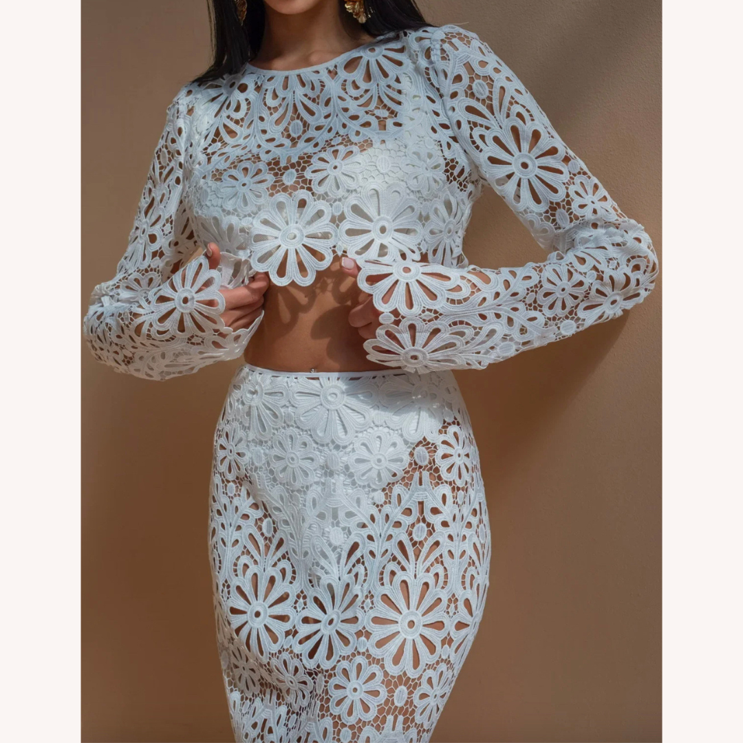 White Crochet Lace Set for Women – Long Sleeve Crop Top and Boho Chic Maxi Skirt
