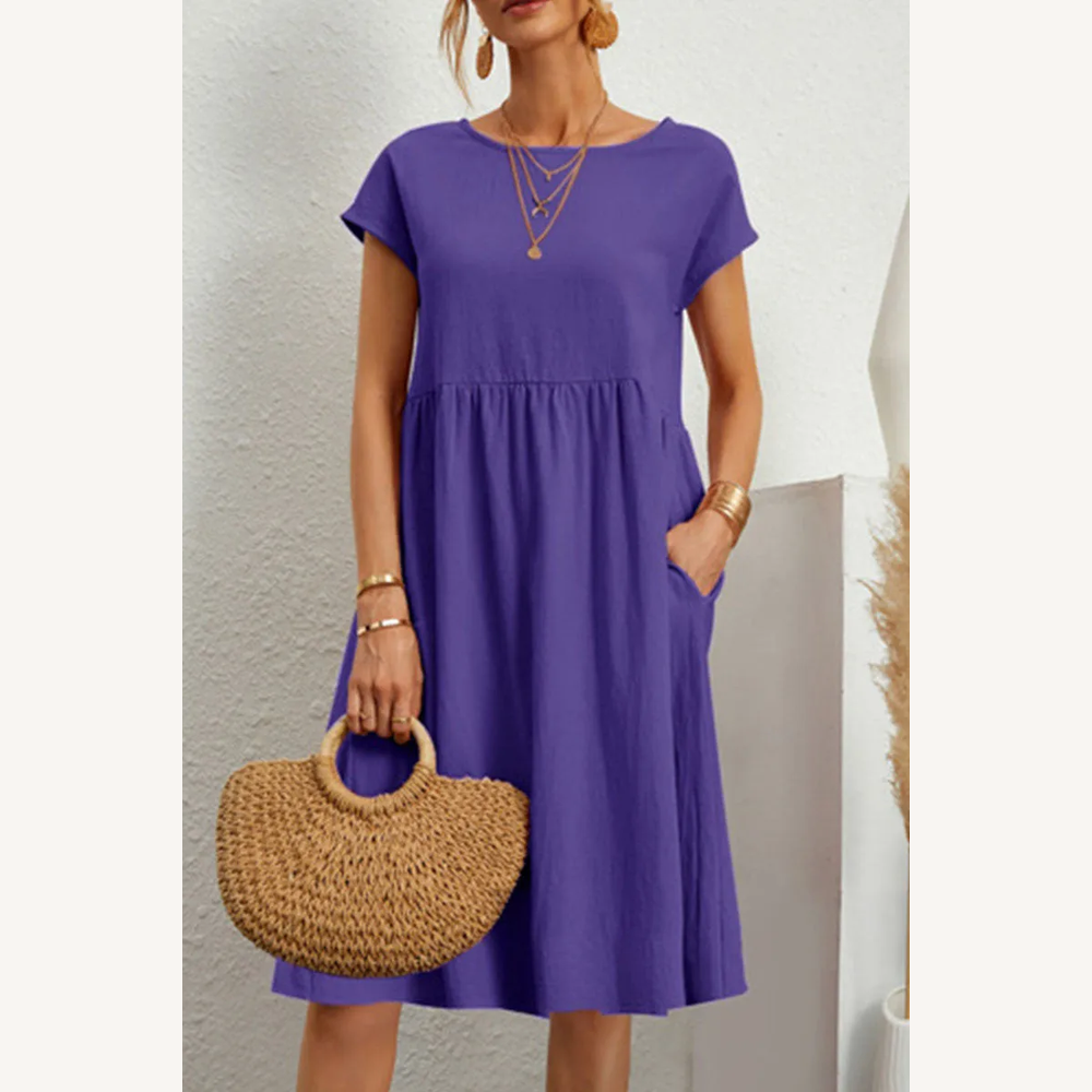 Variant image for Robe Femme Décontractée à Manches Courtes en Patchwork Uni – Silhouette Trapèze Élégante en Coton-73