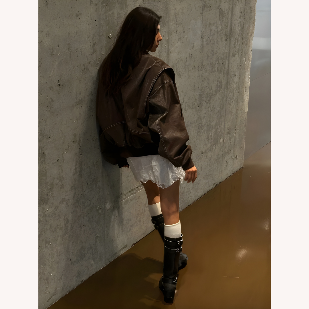 Women's Oversized Bomber Jacket Red Size M Vegan Faux Leather