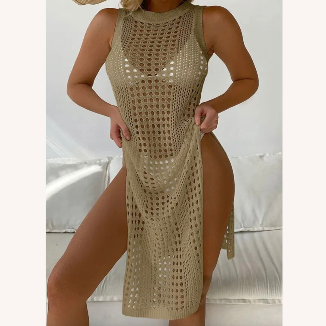 Elegant Women's Crochet Beach Dress – Comfortable Midi with Side Slit in Cotton Blend