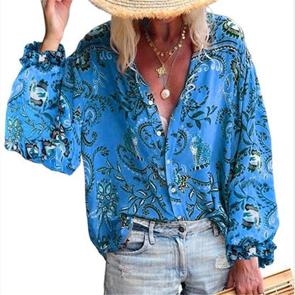 Women's Bohemian Printed Lightweight Blouse with Voluminous Sleeves – Comfortable Summer Tunic