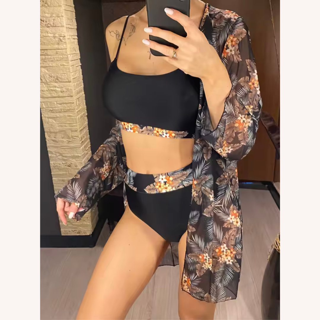 Women's Three-Piece High-Waisted Swimsuit with Long-Sleeve Blouse – Boho Chic Floral Style