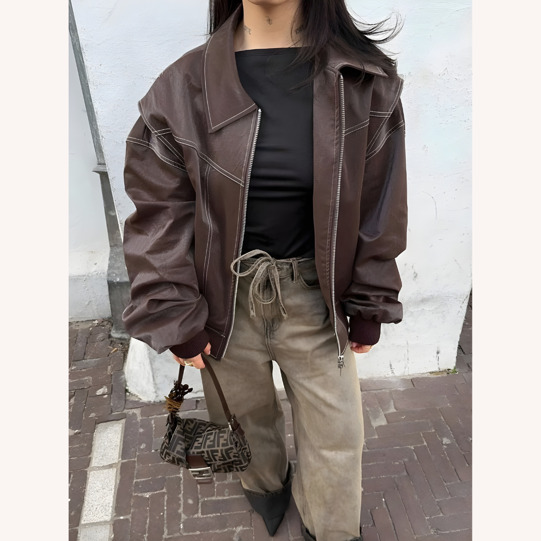 Veste Femme Bomber Oversize Rouge Taille M Similicuir Vegan