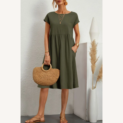 Variant image for Robe Femme Décontractée à Manches Courtes en Patchwork Uni – Silhouette Trapèze Élégante en Coton-81