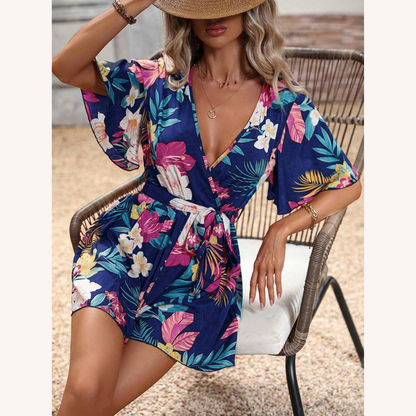 Floral Wrap Romper for Women – Lightweight Rayon Fabric, Relaxed Fit, Ideal for Summer