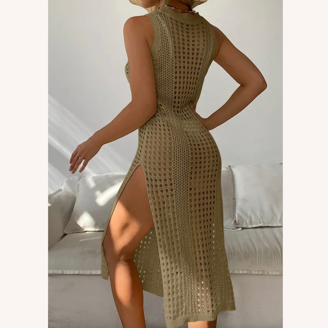 Elegant Women's Crochet Beach Dress – Comfortable Midi with Side Slit in Cotton Blend