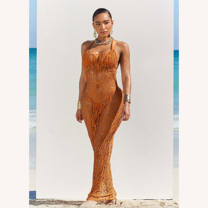 Elegant Long Crochet Dress for Women - Chic Coastal Maxi, Fitted Silhouette for Summer