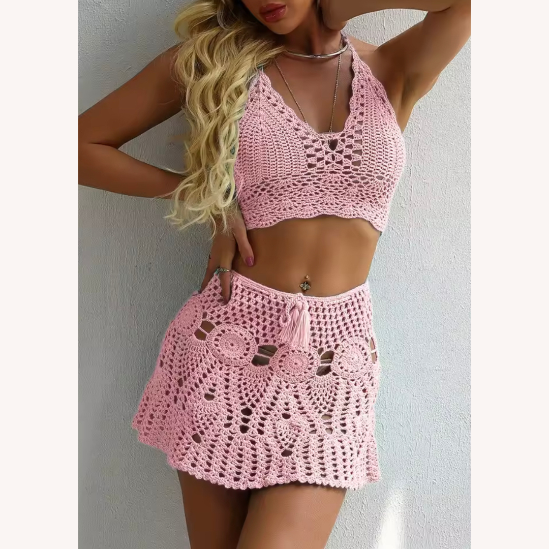 Boho Crochet Bikini Set with Pleated Cotton Skirt – Summer Elegance for Women