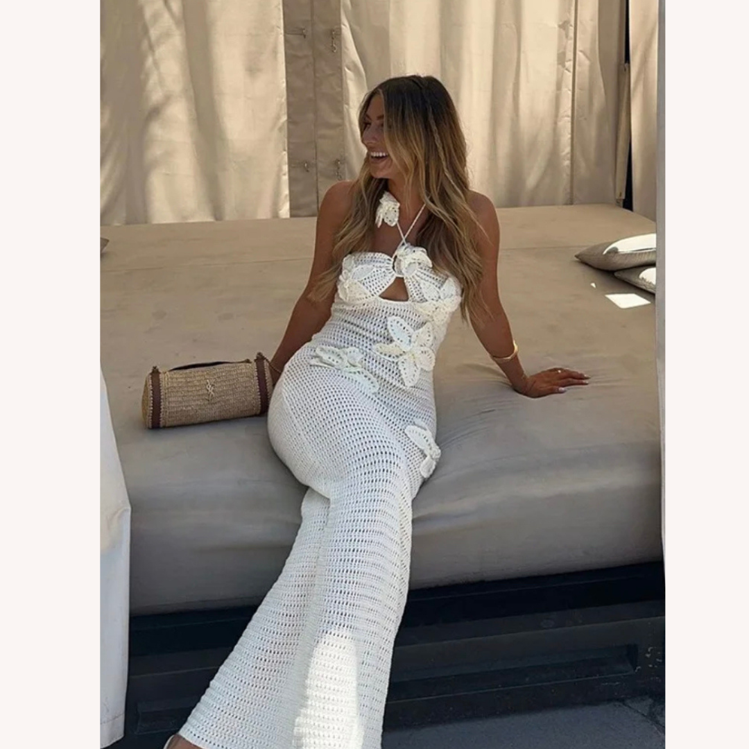 Robe Longue Femme en Crochet Bleu – Élégante Robe Maxi Bohème d'Été avec Détails Flottants