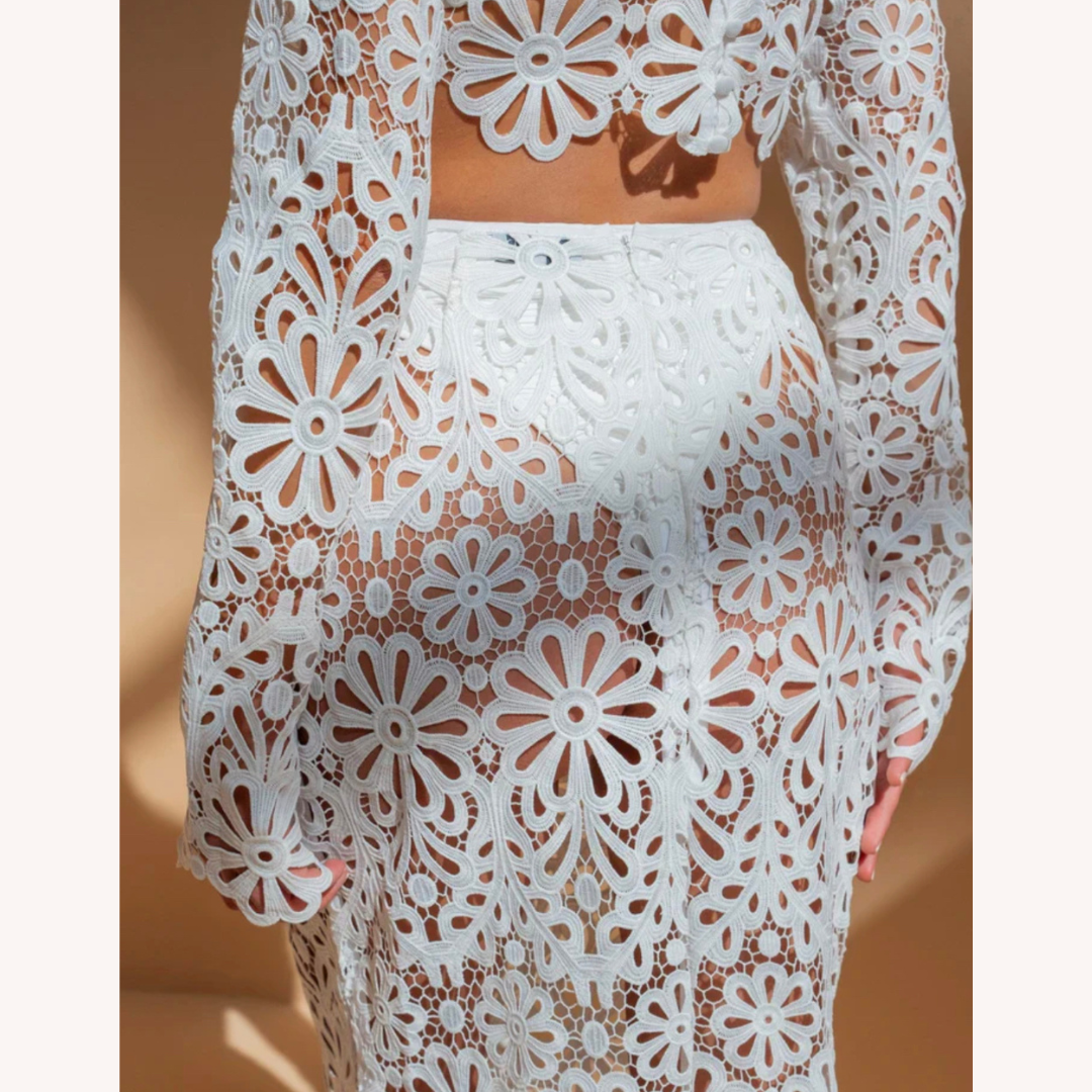 White Crochet Lace Set for Women – Long Sleeve Crop Top and Boho Chic Maxi Skirt
