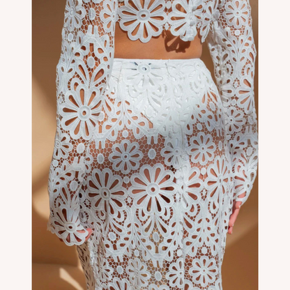 White Crochet Lace Set for Women – Long Sleeve Crop Top and Boho Chic Maxi Skirt