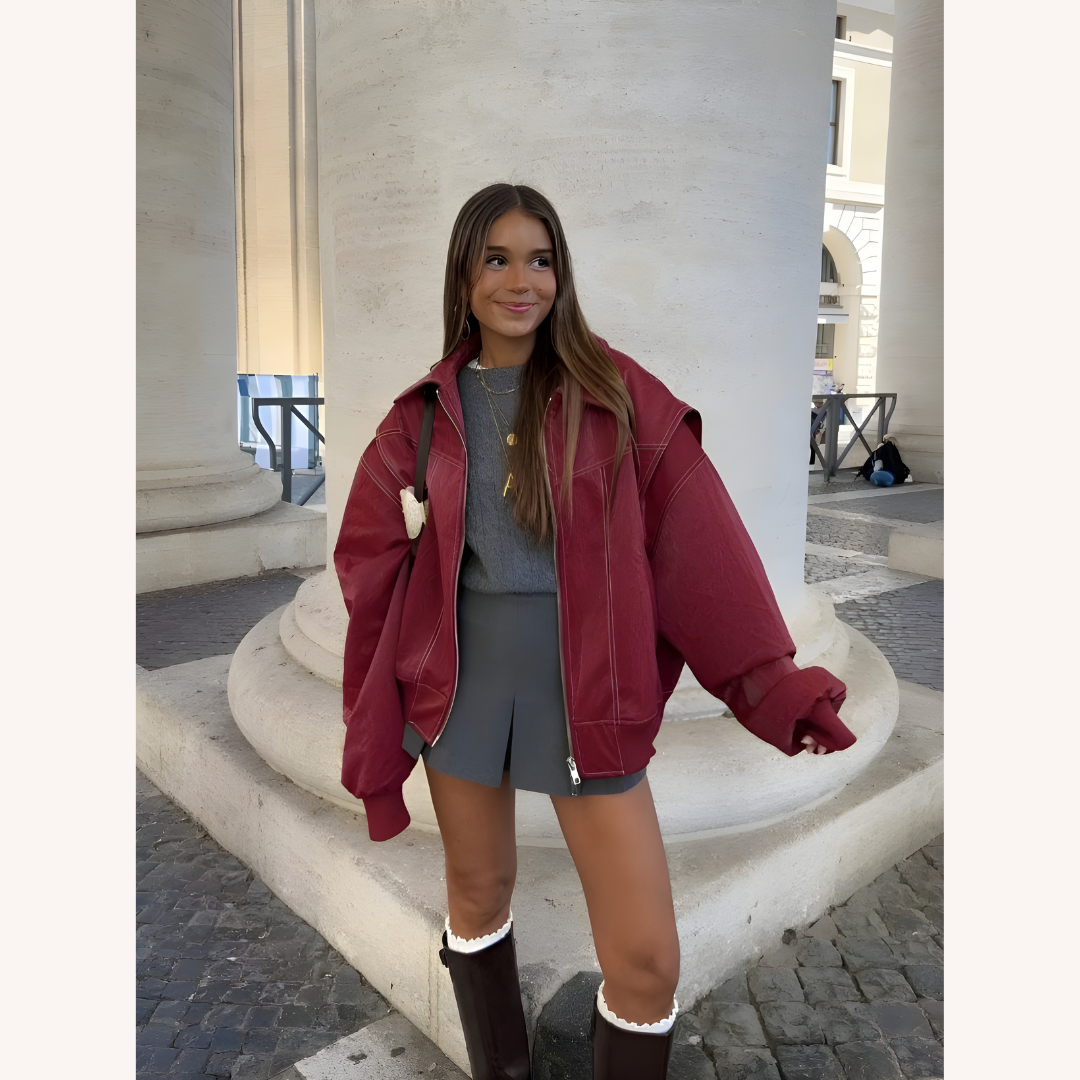 Women's Oversized Bomber Jacket Red Size M Vegan Faux Leather