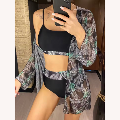 Women's Three-Piece High-Waisted Swimsuit with Long-Sleeve Blouse – Boho Chic Floral Style