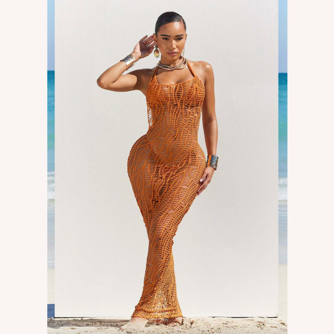 Elegant Long Crochet Dress for Women - Chic Coastal Maxi, Fitted Silhouette for Summer