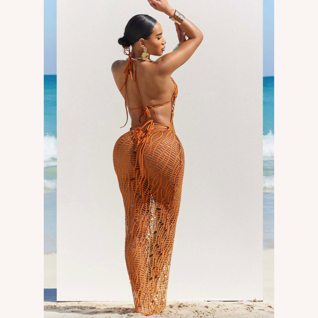 Elegant Long Crochet Dress for Women - Chic Coastal Maxi, Fitted Silhouette for Summer