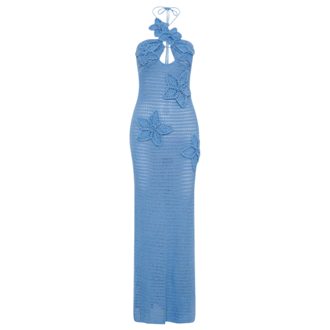 Long Women's Crochet Dress Blue – Elegant Bohemian Maxi Summer Dress with Floating Details