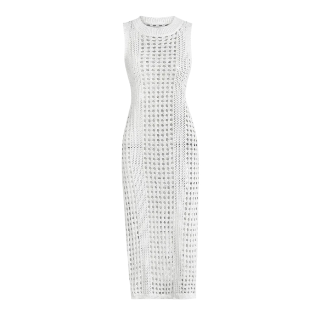 Elegant Women's Crochet Beach Dress – Comfortable Midi with Side Slit in Cotton Blend