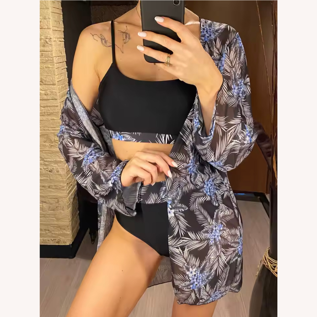 Women's Three-Piece High-Waisted Swimsuit with Long-Sleeve Blouse – Boho Chic Floral Style