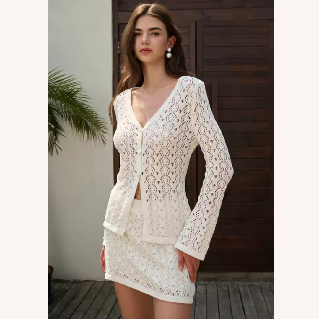 Women's Boho Chic Crochet Set - V-Neck Cardigan and Matching Mini Skirt in Breathable Cotton