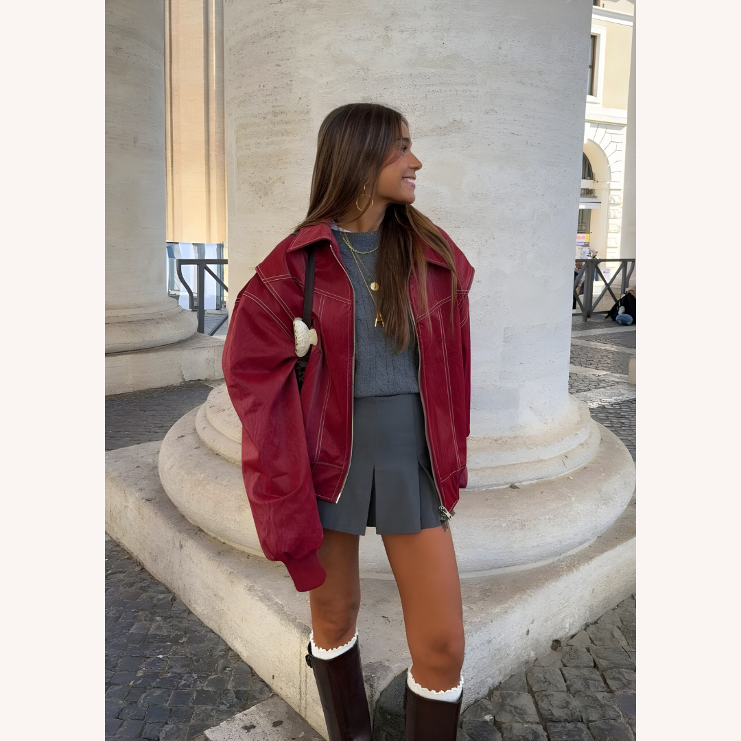 Women's Oversized Bomber Jacket Red Size M Vegan Faux Leather