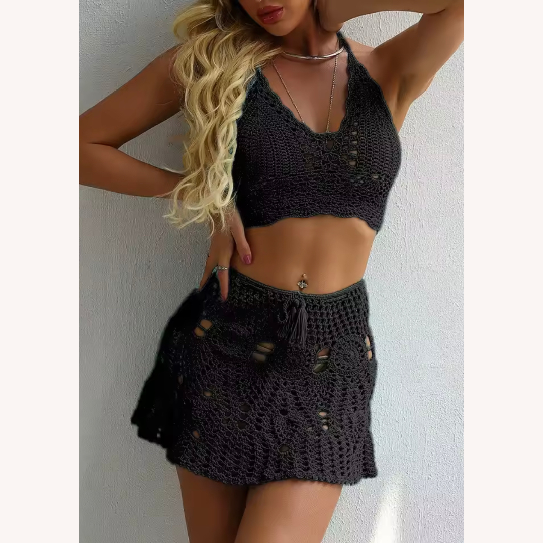 Boho Crochet Bikini Set with Pleated Cotton Skirt – Summer Elegance for Women