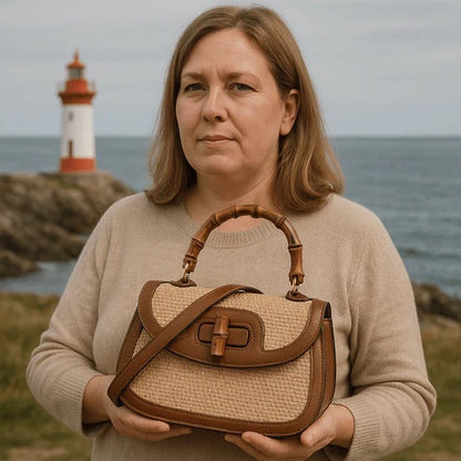 Women's Woven Straw Handbag with Bamboo Handle – Elegant and Practical Brown Shoulder Bag