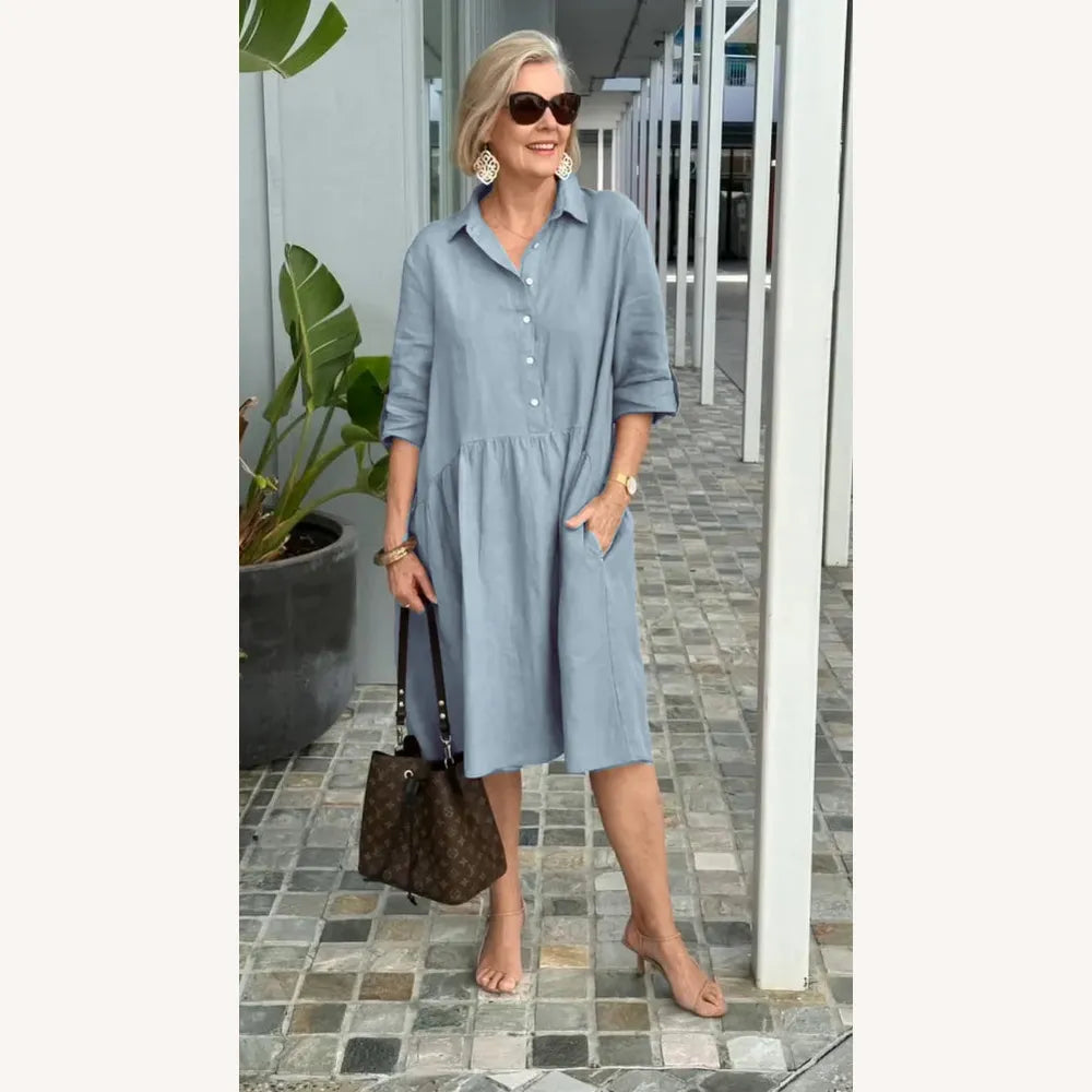 Women's Casual Dress in Linen and Cotton Mid-Length - Comfortable with Pockets, Round Neckline, Multiple Colors