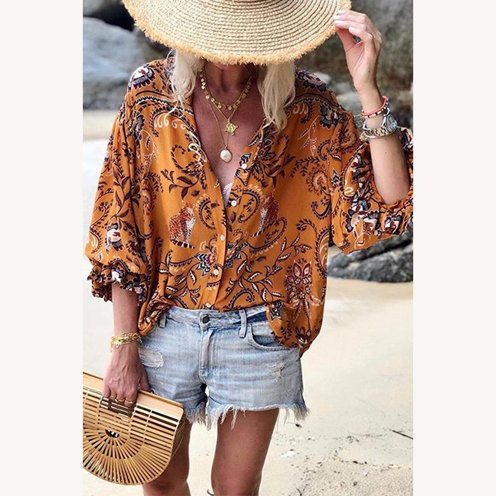 Women's Bohemian Printed Lightweight Blouse with Voluminous Sleeves – Comfortable Summer Tunic