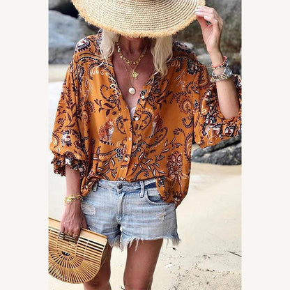 Women's Bohemian Printed Lightweight Blouse with Voluminous Sleeves – Comfortable Summer Tunic