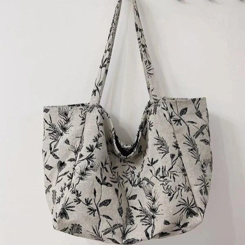 Multicolor Polyester Shopping Bag with Plant Pattern – Chic BCBG Elegance for Women, Large Capacity and Double Handle