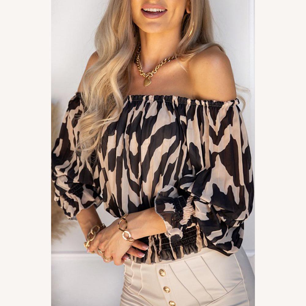 Blouse Femme Épaules Dénudées Imprimé Animalier avec Taille Smockée – Style Bohème Chic