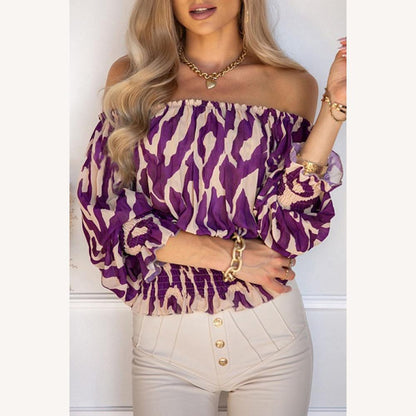 Women's Off-Shoulder Blouse Animal Print with Smocked Waist – Chic Bohemian Style