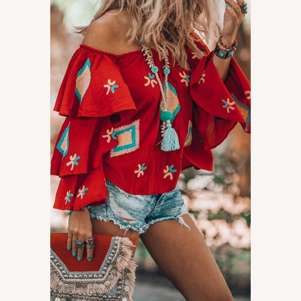 Blouse Femme Rouge Épaules Dénudées avec Broderies Multicolores – Style Bohème Été 100% Coton