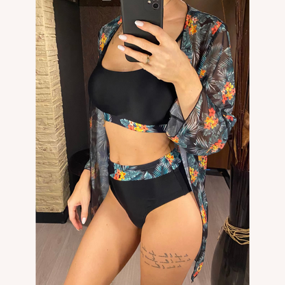 Women's Three-Piece High-Waisted Swimsuit with Long-Sleeve Blouse – Boho Chic Floral Style