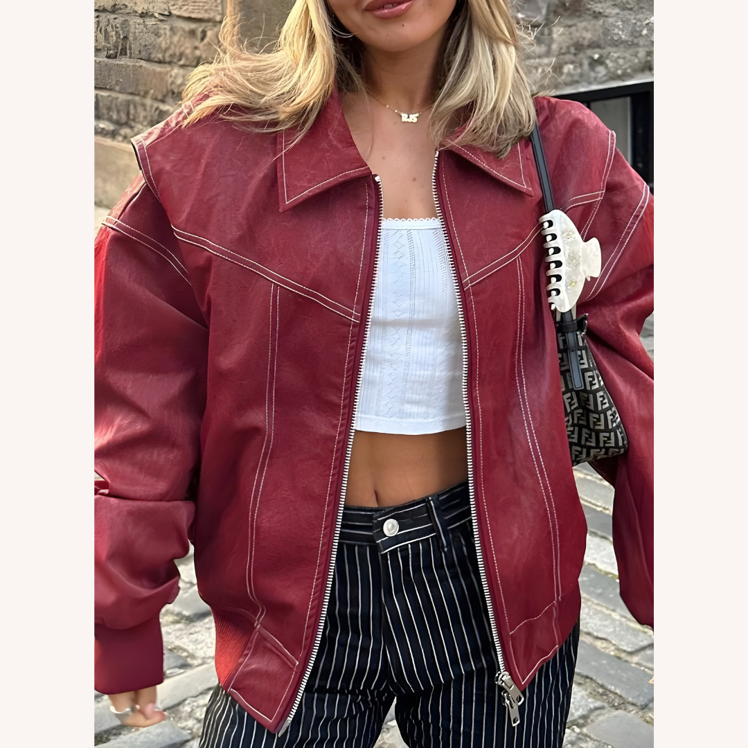 Women's Oversized Bomber Jacket Red Size M Vegan Faux Leather