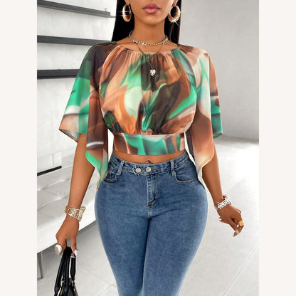 Women's Short Top with Abstract Green Print – Loose Sleeves in Fluid and Comfortable Fabric