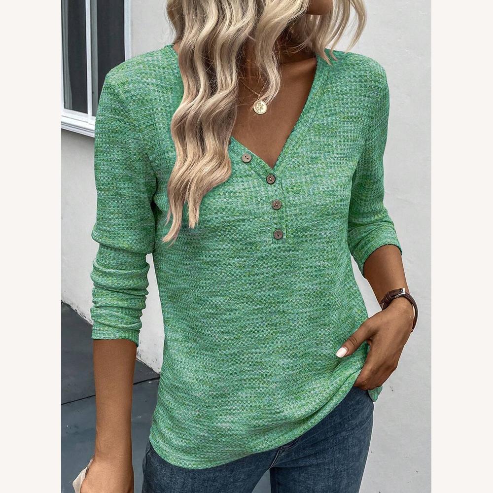 Top Femme Henley Côtelé à Manches Longues – Tissu Doux et Col en V, Blanc