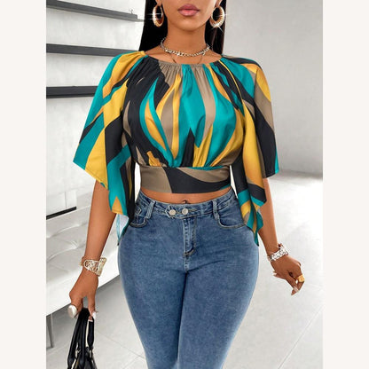 Variant image for Top Femme Court à Imprimé Abstrait Vert – Manches Amples en Tissu Fluide et Confortable-11