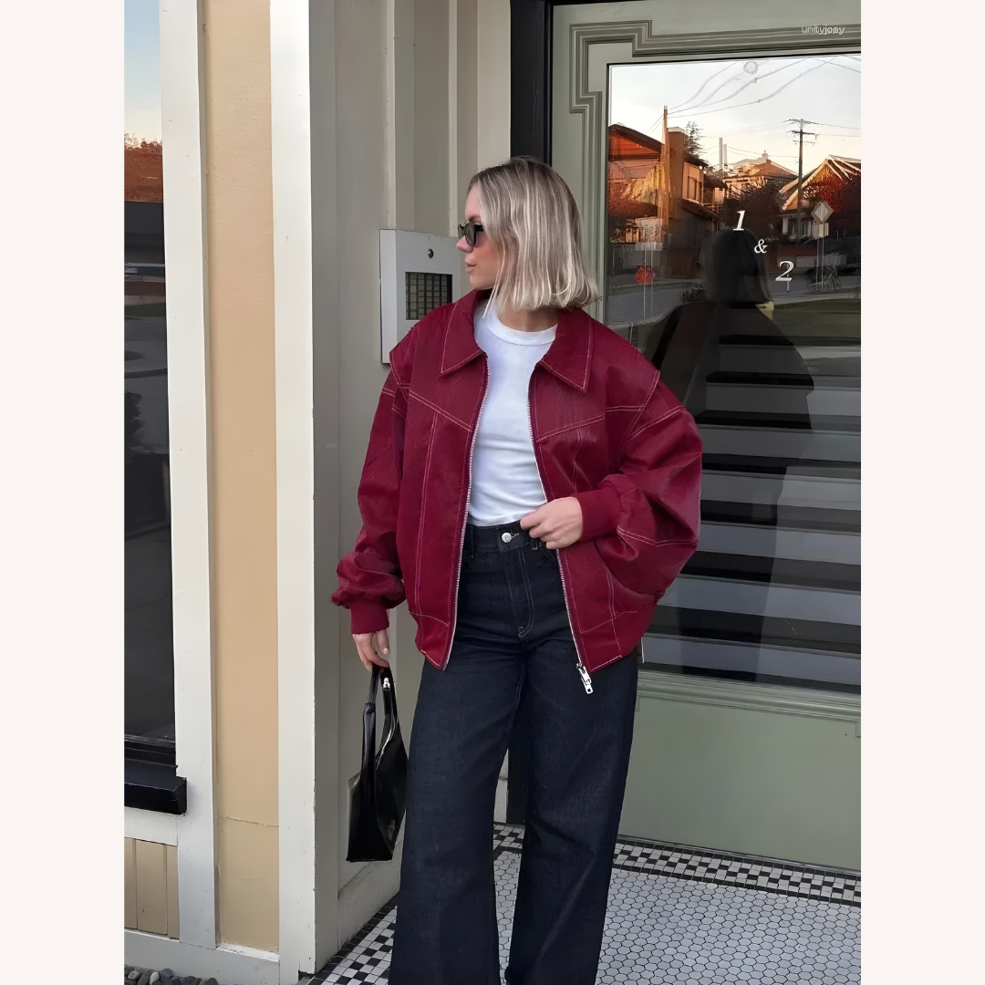 Women's Oversized Bomber Jacket Red Size M Vegan Faux Leather