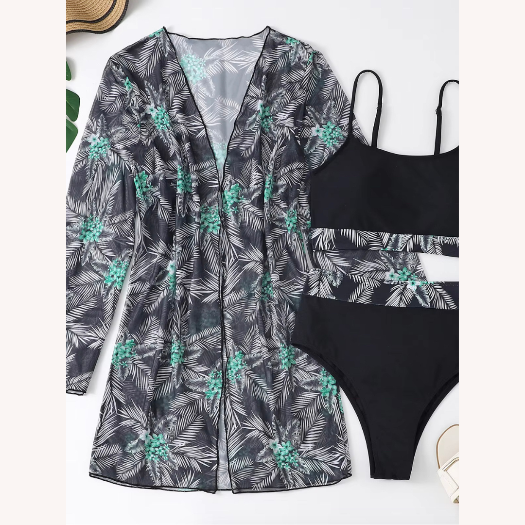 Women's Three-Piece High-Waisted Swimsuit with Long-Sleeve Blouse – Boho Chic Floral Style