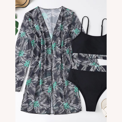 Women's Three-Piece High-Waisted Swimsuit with Long-Sleeve Blouse – Boho Chic Floral Style