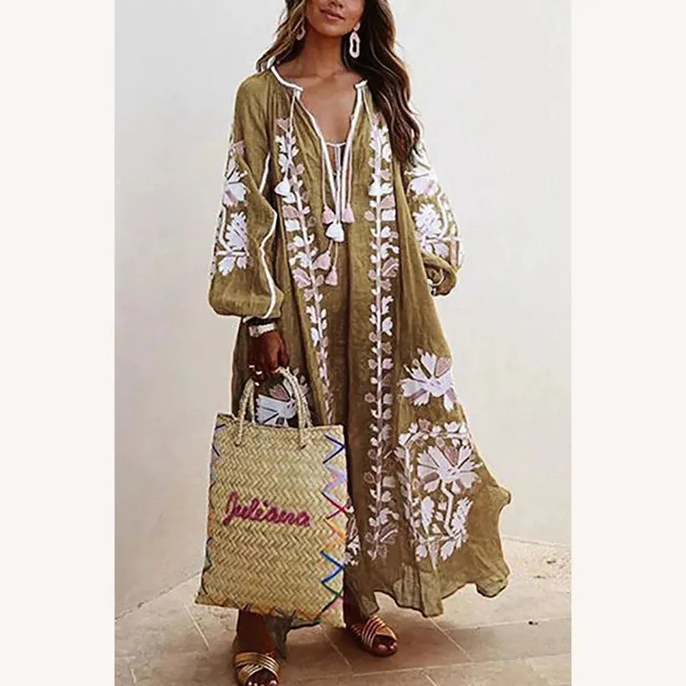 Bohemian Long Dress Women Floral Printed with Long Sleeves – Casual Elegance for Summer