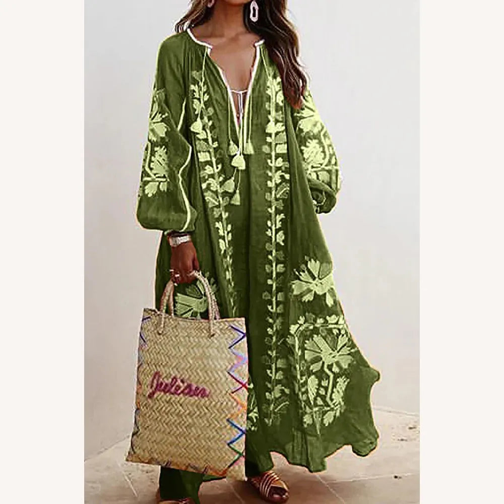 Bohemian Long Dress Women Floral Printed with Long Sleeves – Casual Elegance for Summer