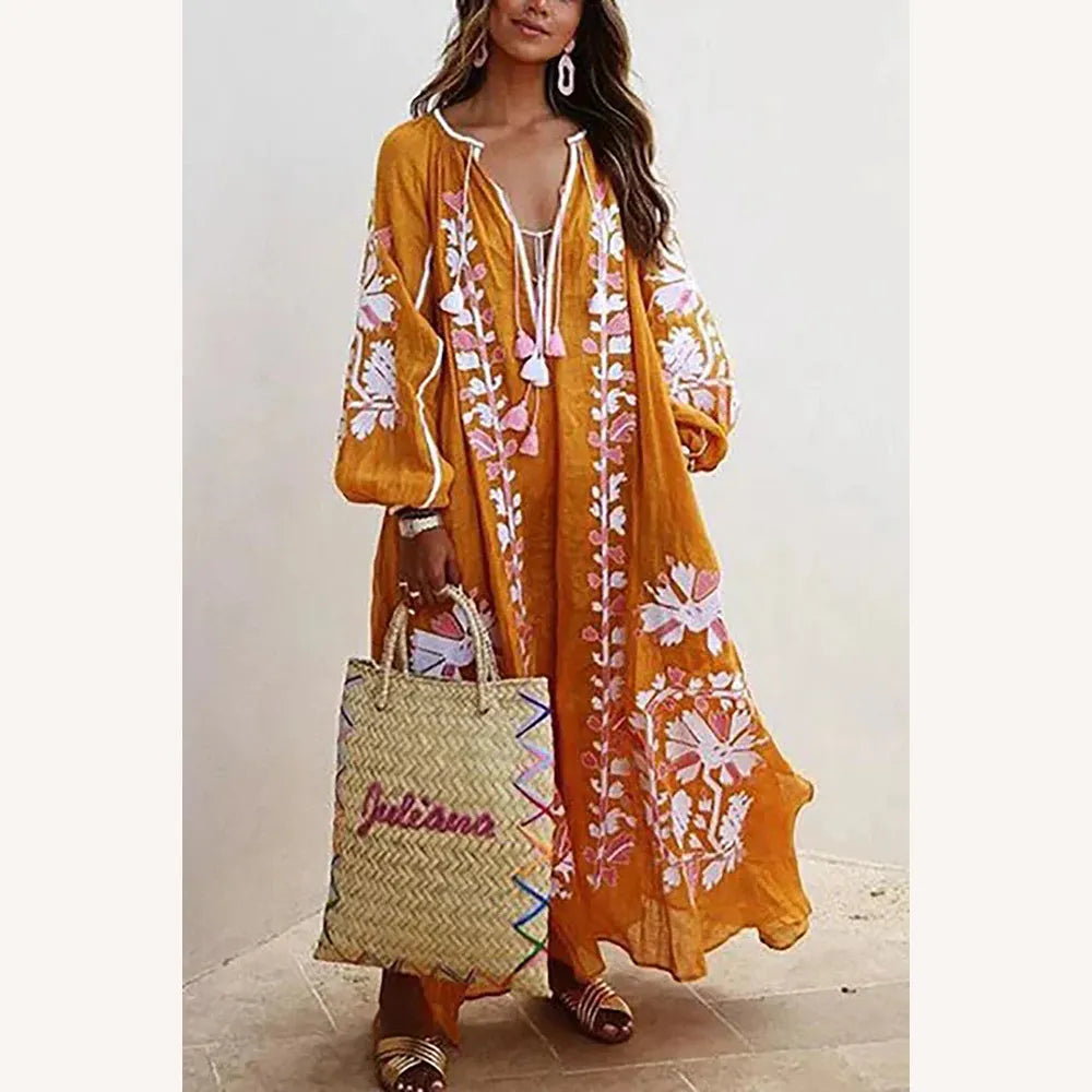 Bohemian Long Dress Women Floral Printed with Long Sleeves – Casual Elegance for Summer