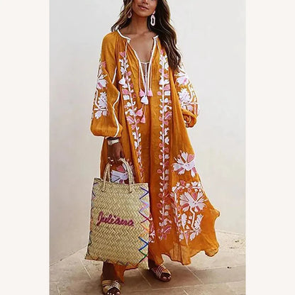 Bohemian Long Dress Women Floral Printed with Long Sleeves – Casual Elegance for Summer