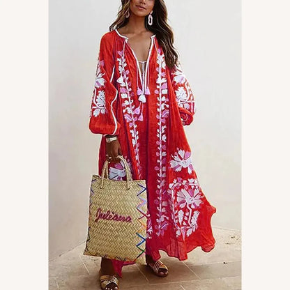 Bohemian Long Dress Women Floral Printed with Long Sleeves – Casual Elegance for Summer