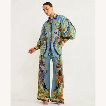 Women's Peacock Print Set – Loose Shirt and Wide Pants, Artistic and Trendy Style