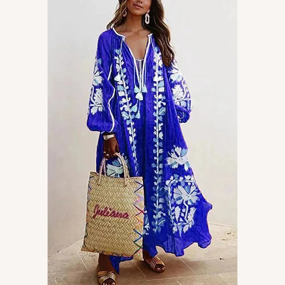 Bohemian Long Dress Women Floral Printed with Long Sleeves – Casual Elegance for Summer