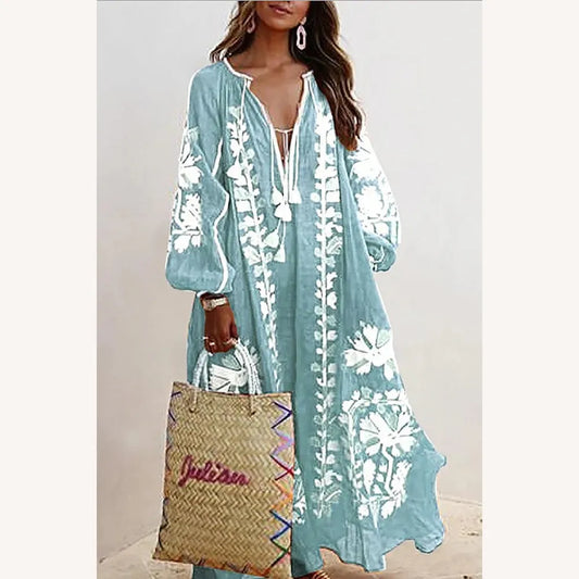 Bohemian Long Dress Women Floral Printed with Long Sleeves – Casual Elegance for Summer